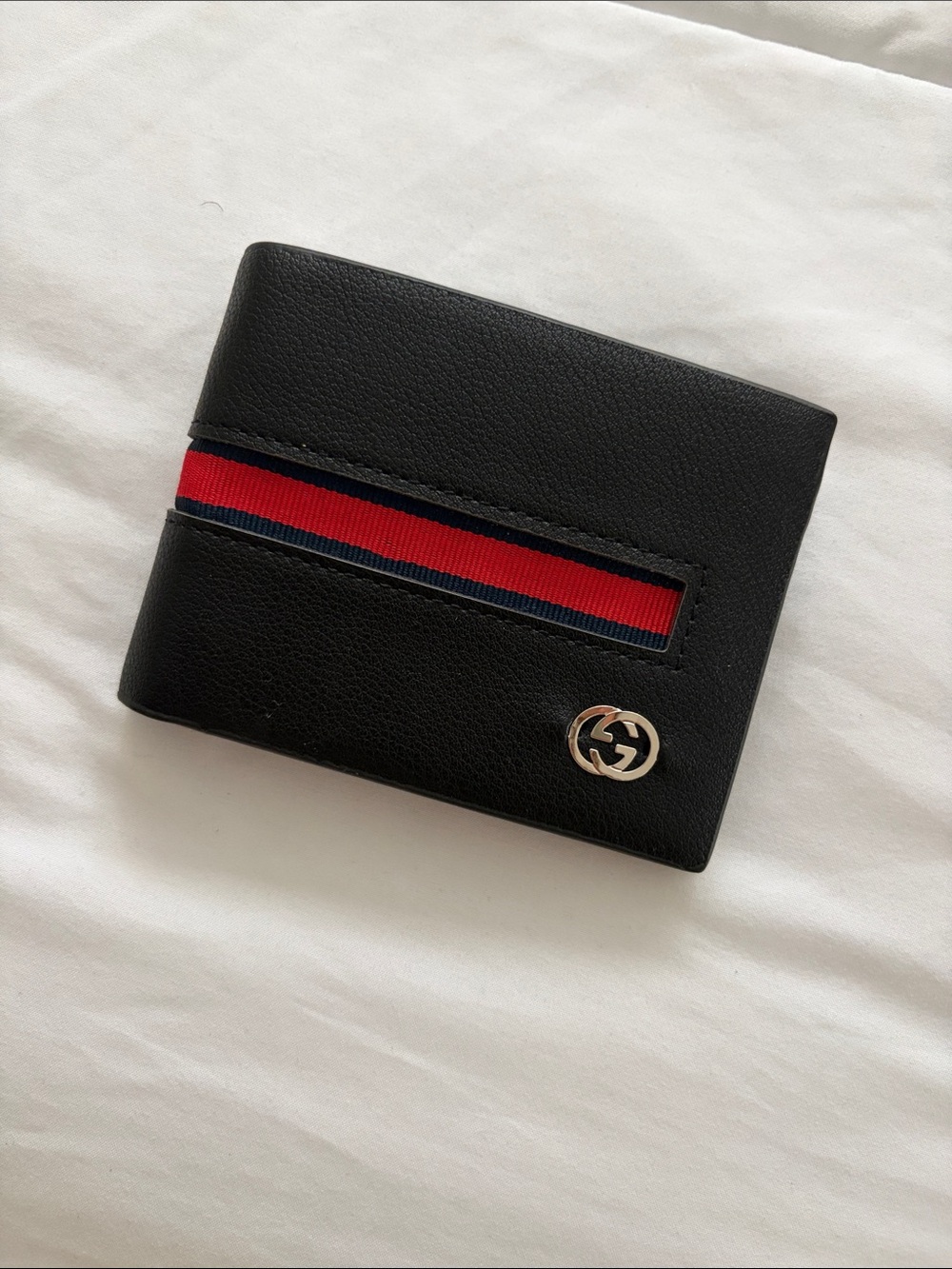 Gucci Black Leather Bi-Fold Wallet with Red and Blue Web Stripe